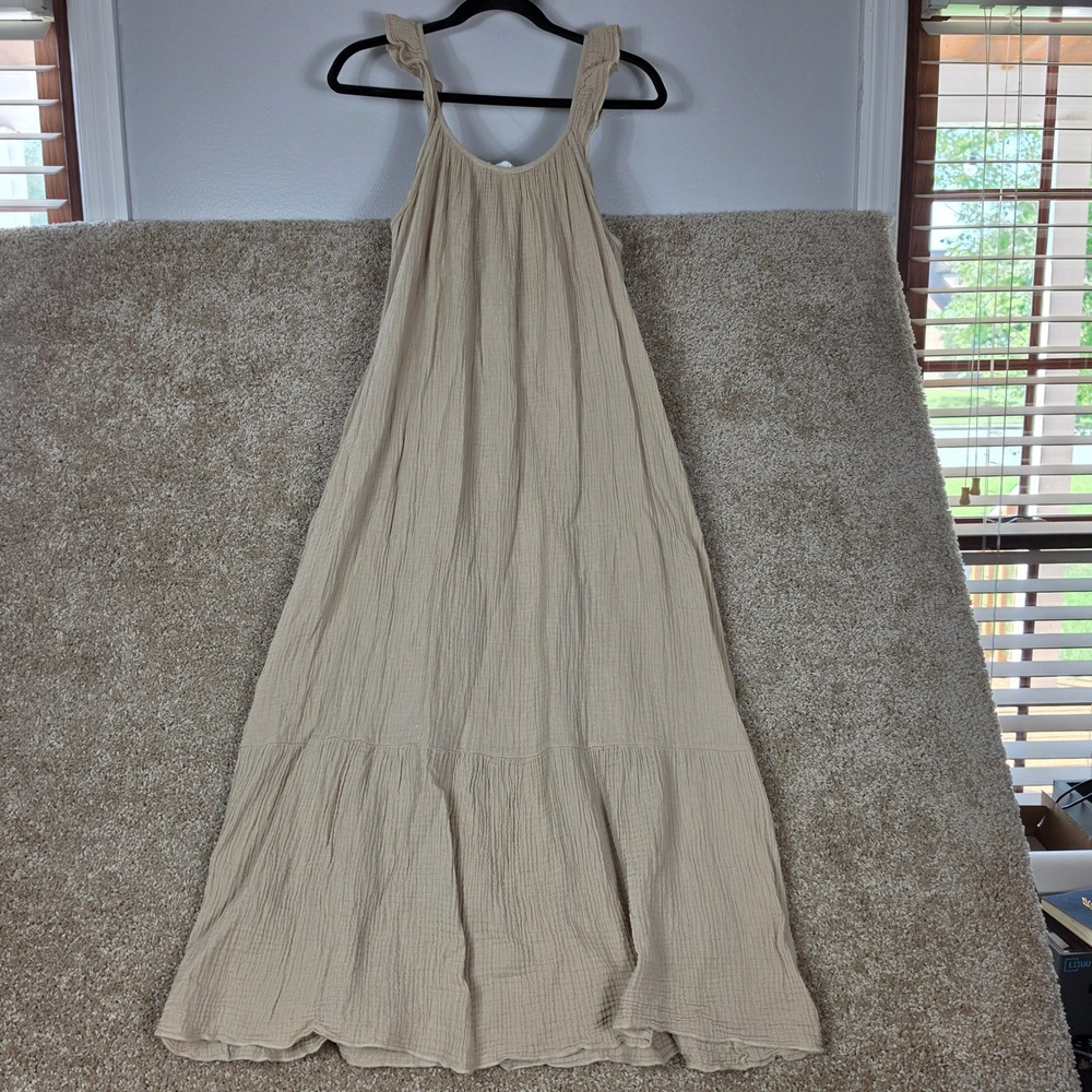 CJLA Carly Jean Los Angeles Crinkle Gauze Tiered Maxi Dress Beige M - Picture 2 of 9
